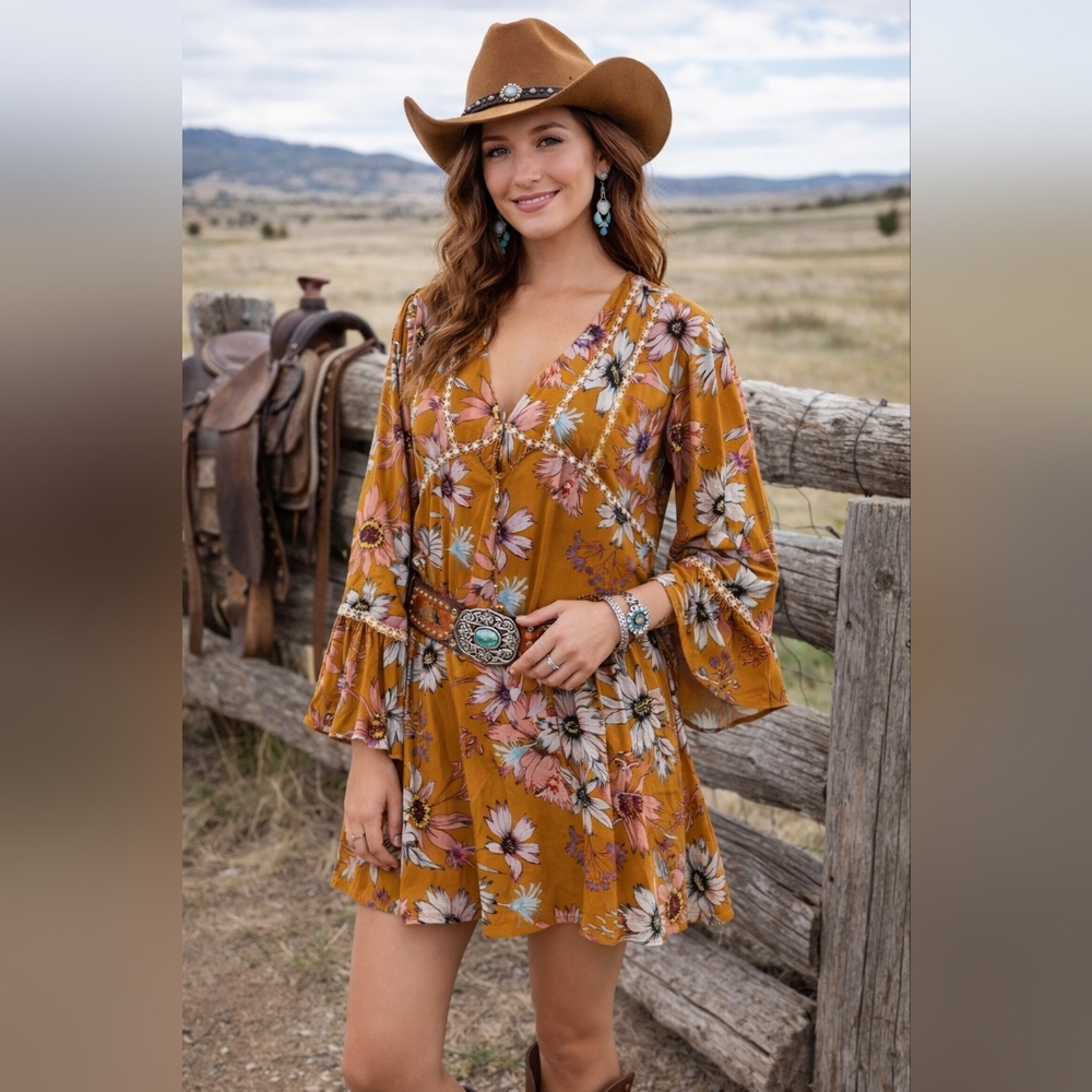 Mustard Floral V-Neck Boho Dress